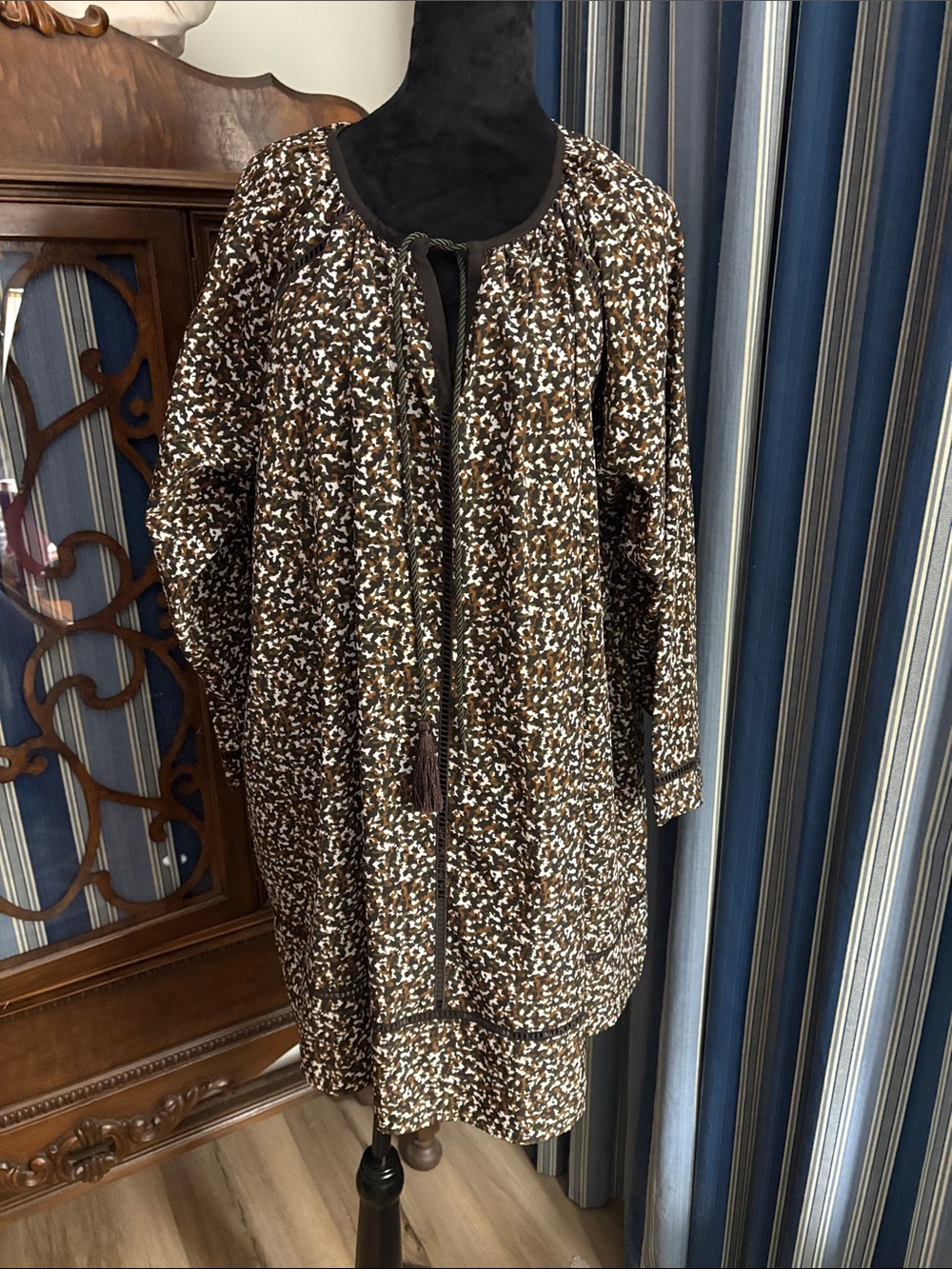 Womens Brown Patterned Lightweight Coat with Tassel Tie